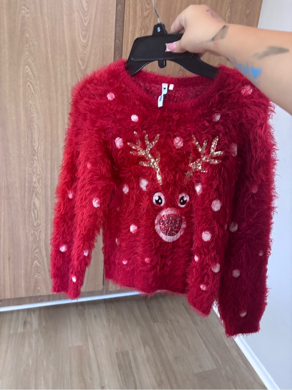 Red Fuzzy Reindeer Holiday Sweater with Sequin Antlers